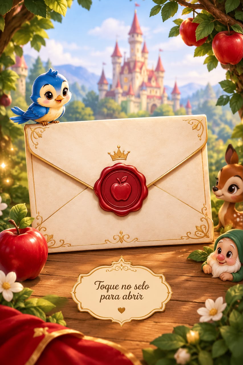 Arte vertical do convite com castelo, envelope, selo vermelho, maçãs, flores e personagens